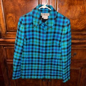 Vintage Carlisle Vibrant Blue and Green Checkered Plaid Blazer Jacket Size 6